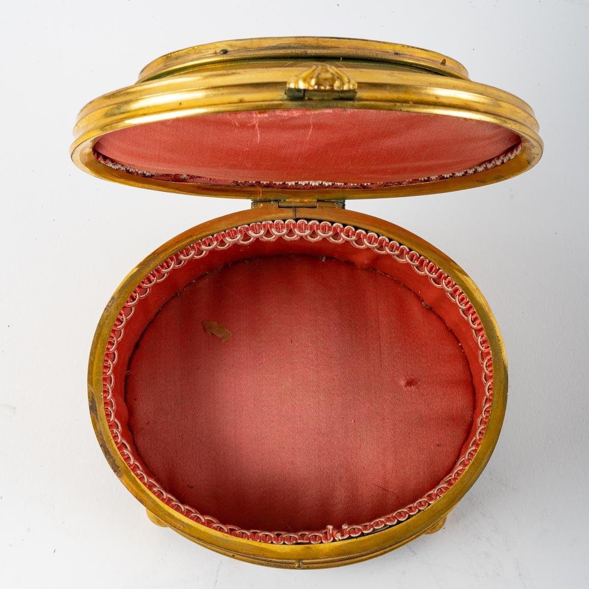 19th Century Gilded Bronze Jewelry Box with Painting Under Glass