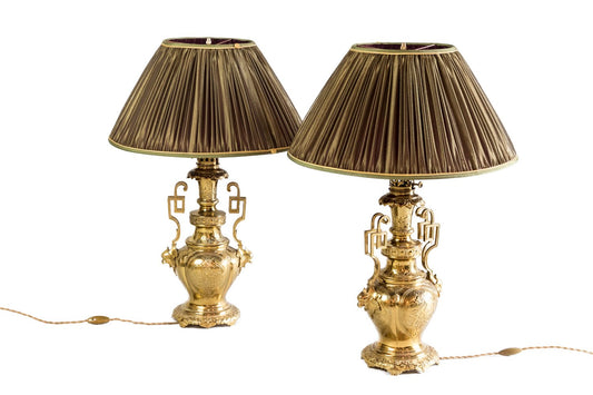 19th Century Gilt Brass and Bronze Table Lamps, Set of 2