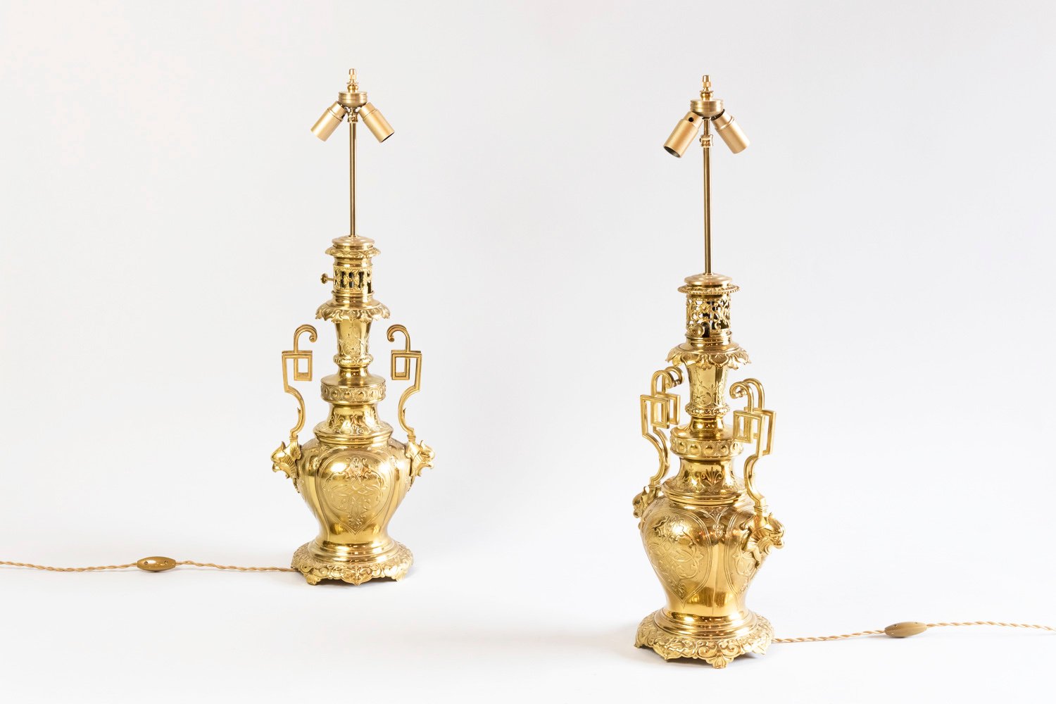 19th Century Gilt Brass and Bronze Table Lamps, Set of 2