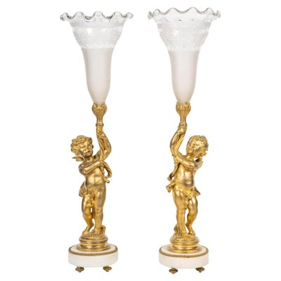 19th Century Gilt Bronze and Crystal Cornet Vases, Set of 2-WFS-2039438