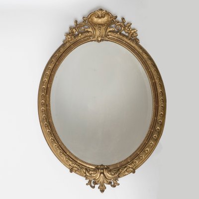 19th Century Gilt Wood Oval Mirror with Shell Crest, 1890s-YK-1694744