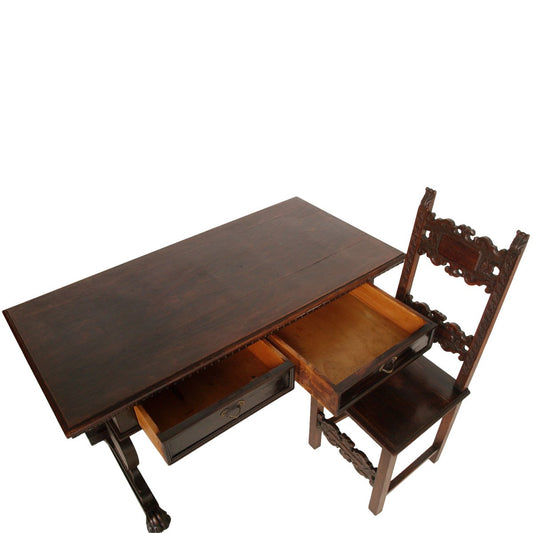 19th Century Hand Carved Solid Walnut Desk with Chair from Dini & Puccini, Set of 2