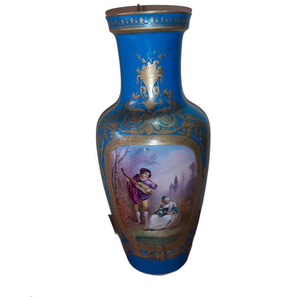 19th-Century Hand Painted Porcelain Vase in Blue Celeste from Sevres