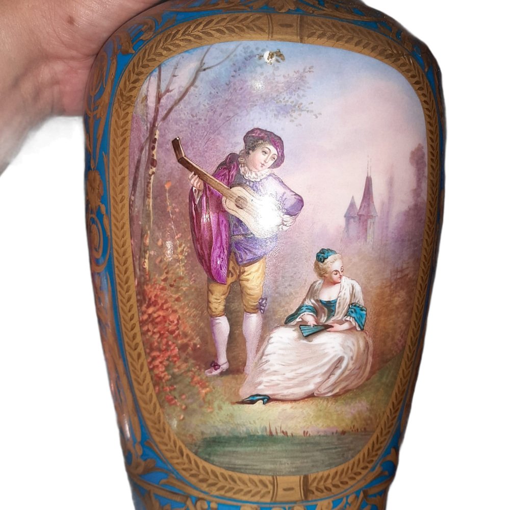 19th-Century Hand Painted Porcelain Vase in Blue Celeste from Sevres