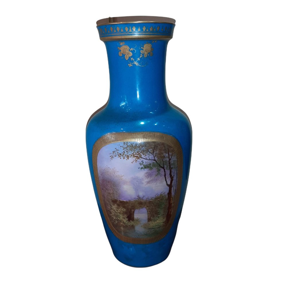 19th-Century Hand Painted Porcelain Vase in Blue Celeste from Sevres