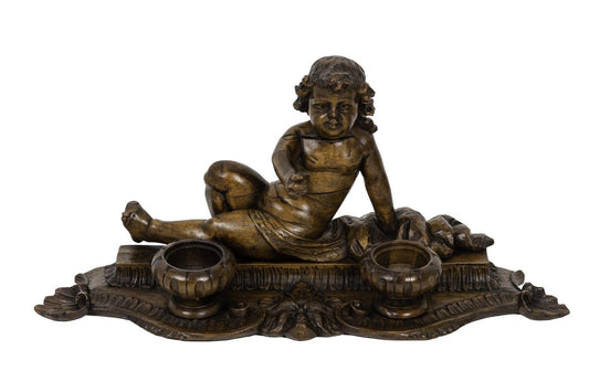 19th Century Inkwell in Wood Figuring a Child