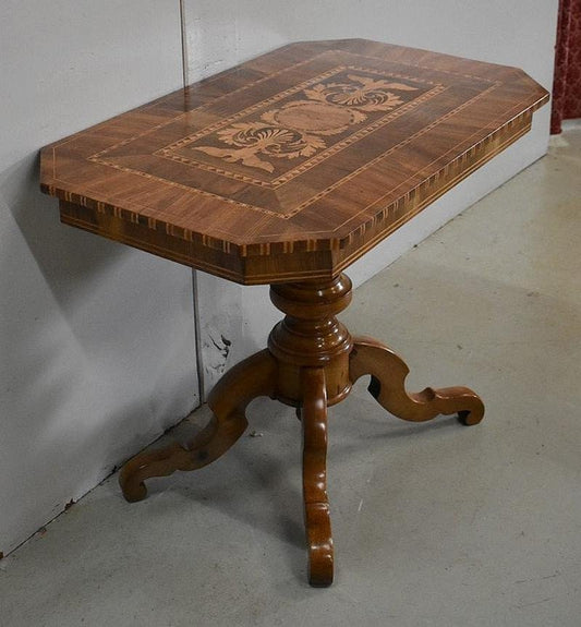 19th Century Inlaid Walnut and Light Wood Pedestal Table