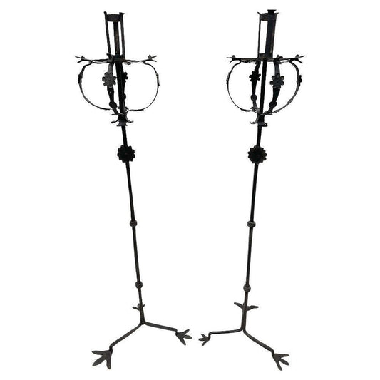 19th Century Iron Floor Candleholders, Set of 2