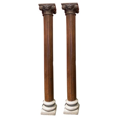 19th Century Italian Architectural Corinthian Wood Columns on Sandstone Plinths, Set of 2-AXE-1433419