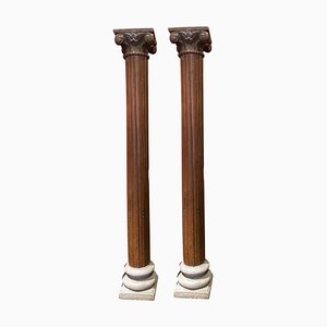 19th Century Italian Architectural Corinthian Wood Columns on Sandstone Plinths, Set of 2-AXE-1433419