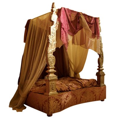 19th Century Italian Canopy Bed with Silver Friezes and Upholstered Purple Silk-AXE-1433479