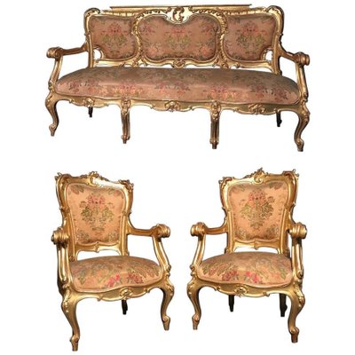 19th-Century Italian Gilt Living Room Set with Sofa and Armchairs, Set of 3-MBH-1031585