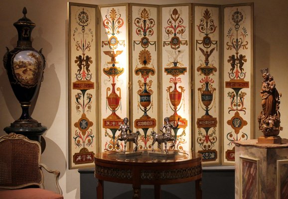 19th Century Italian Six-Panel Painted Wood Folding Screen in Gilt Bronze Frame-AXE-1433396