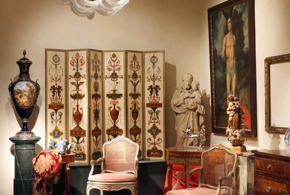 19th Century Italian Six-Panel Painted Wood Folding Screen in Gilt Bronze Frame-AXE-1433396