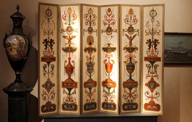 19th Century Italian Six-Panel Painted Wood Folding Screen in Gilt Bronze Frame-AXE-1433396