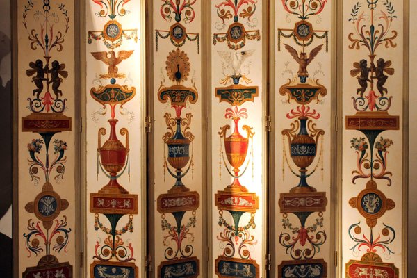 19th Century Italian Six-Panel Painted Wood Folding Screen in Gilt Bronze Frame-AXE-1433396