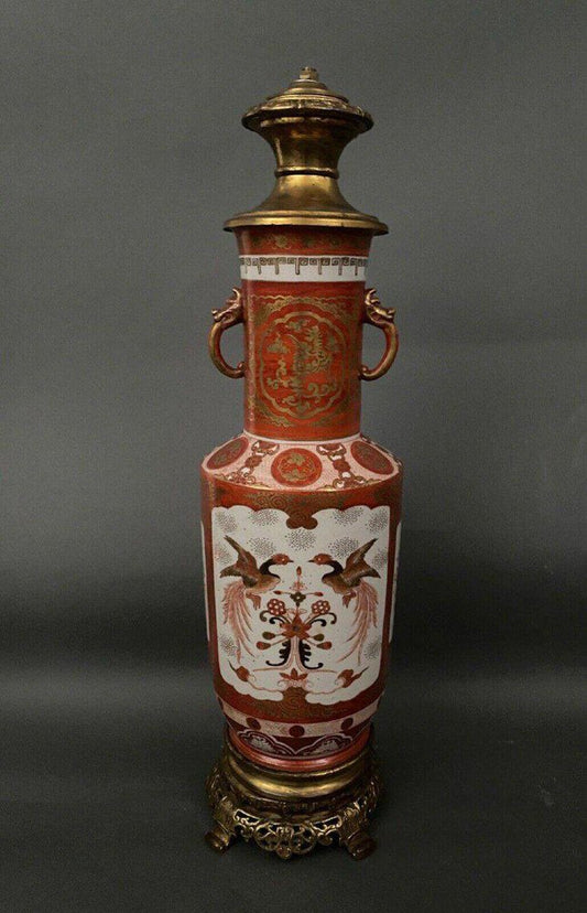 19th Century Japanese Porcelain Lamp Base with Bronze and Birds