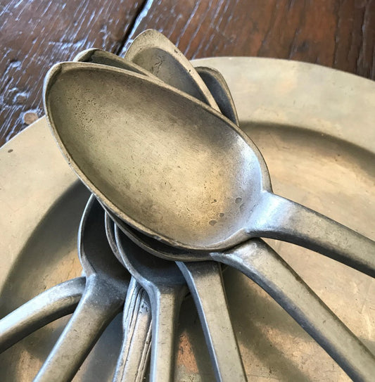 19th Century London Plate in Pewter with Spoons Puter, 1880s, Set of 8