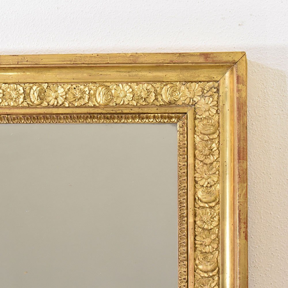 19th Century Louis Philippe Rectangular Gold Leaf Wall Mirror with Flowers