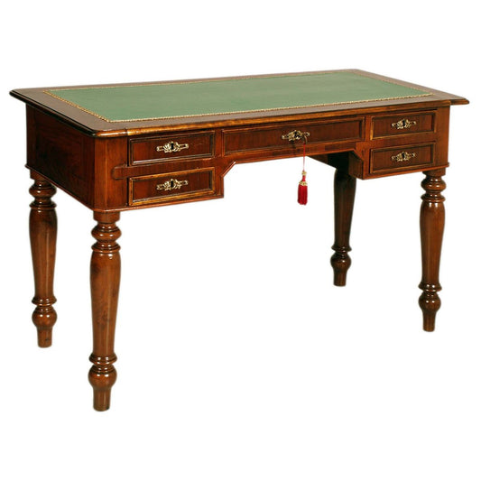 19th Century Louis Philippe Walnut Desk with Green Leather Top, Italy, 1850s