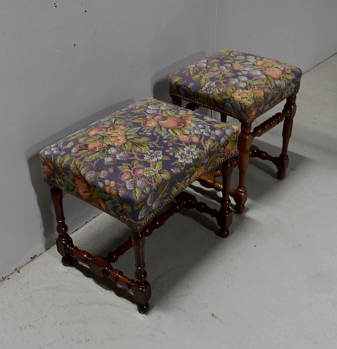 19th Century Louis XIV Tandem Walnut Stools, Set of 2