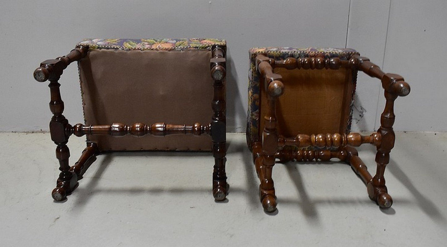 19th Century Louis XIV Tandem Walnut Stools, Set of 2