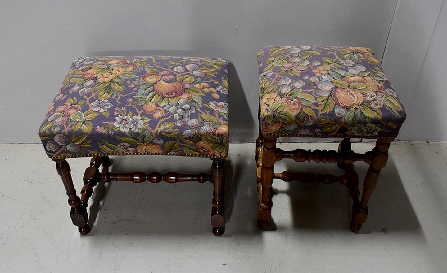 19th Century Louis XIV Tandem Walnut Stools, Set of 2