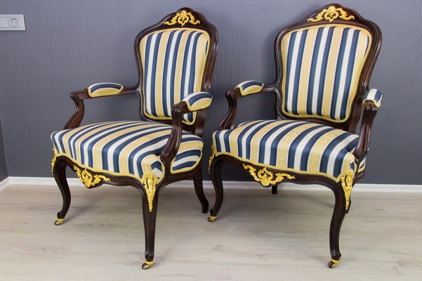 19th Century Louis XV Style Walnut and Gilt Bronze Mounted Armchairs, Set of 2-KEG-1139919