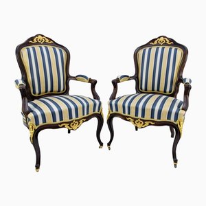 19th Century Louis XV Style Walnut and Gilt Bronze Mounted Armchairs, Set of 2-KEG-1139919