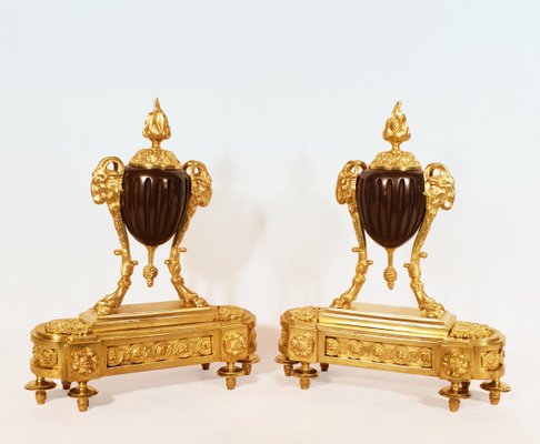 19th Century Louis XVI Gilt Bronze Ram Andirons, Set of 2-AWH-786564