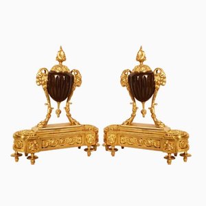 19th Century Louis XVI Gilt Bronze Ram Andirons, Set of 2-AWH-786564