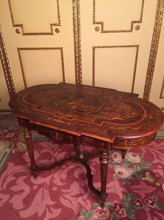 19th Century Louis XVI Marquetry & Veneer Salon Table, 1860s