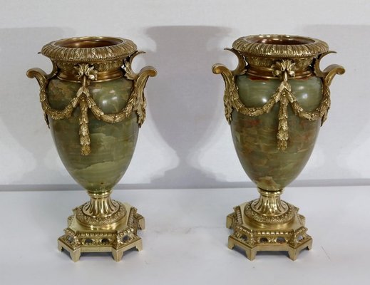 19th Century Louis XVI Style Onyx and Bronze Vases, Set of 2-RVK-1256273