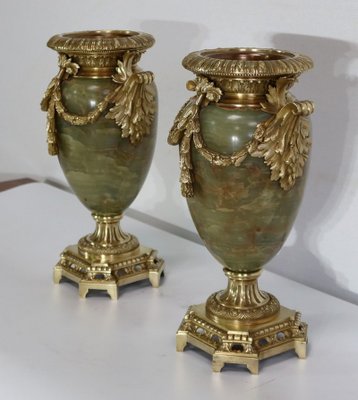 19th Century Louis XVI Style Onyx and Bronze Vases, Set of 2-RVK-1256273