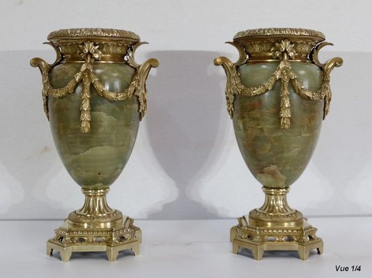 19th Century Louis XVI Style Onyx and Bronze Vases, Set of 2-RVK-1256273