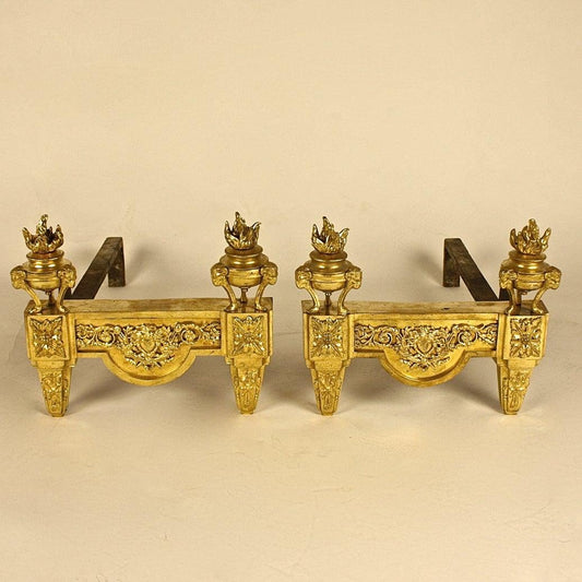 19th Century Louis XVI Style Ormolu Chenets or Andirons by Bouhon Freres, Set of 2