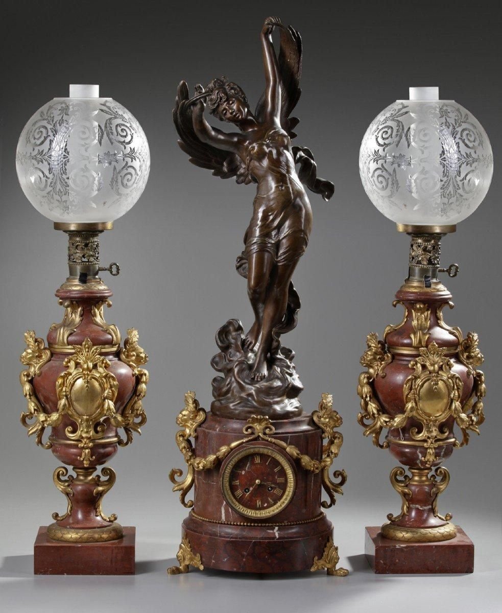 19th Century Mantelpiece Set by Hippolyte Moreau, Set of 3