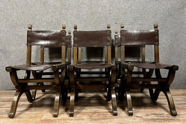 19th Century Medieval Chairs in Wood and Leather, Set of 6-MWB-1800101