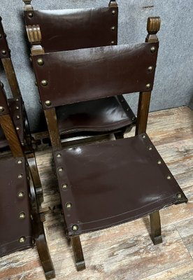 19th Century Medieval Chairs in Wood and Leather, Set of 6-MWB-1800101