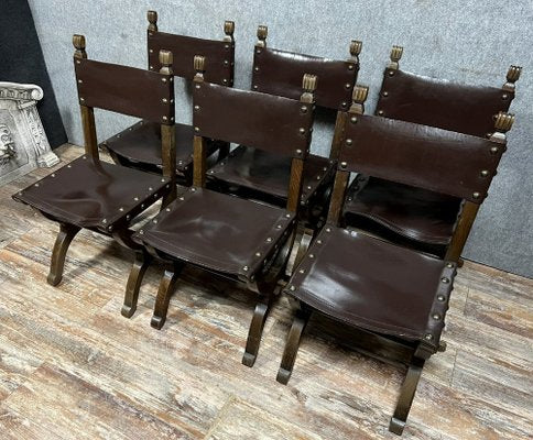 19th Century Medieval Chairs in Wood and Leather, Set of 6-MWB-1800101