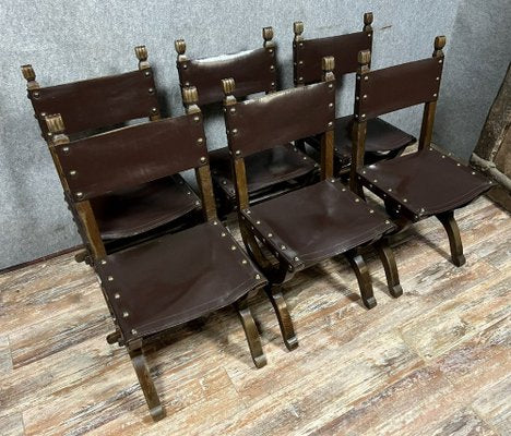 19th Century Medieval Chairs in Wood and Leather, Set of 6-MWB-1800101