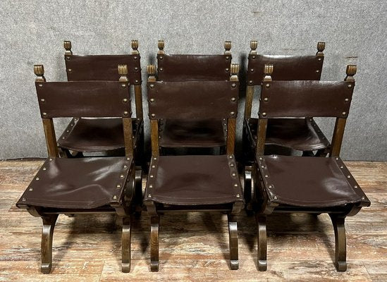 19th Century Medieval Chairs in Wood and Leather, Set of 6-MWB-1800101