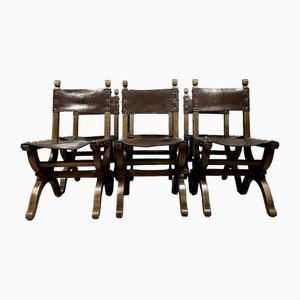 19th Century Medieval Chairs in Wood and Leather, Set of 6-MWB-1800101