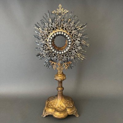 19th Century Monstrance in Brass and Silver Decorated with Rhinestones-QKG-2017008