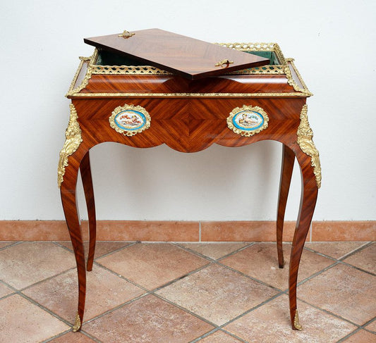 19th Century Napoleon III French Coffee Table in Precious Exotic Wood with Applications of Sevres Porcelain Plaques