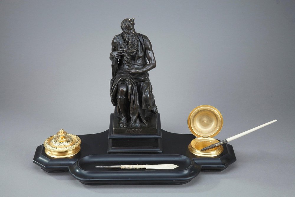 19th Century Napoleon III Marble Inkwell After Michelangelo's Moses