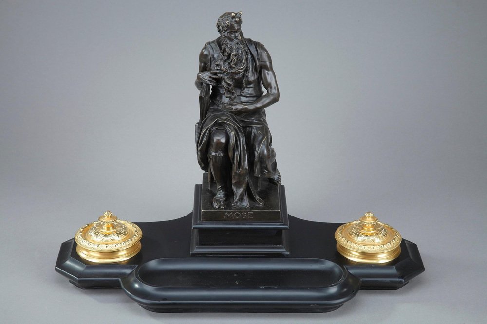 19th Century Napoleon III Marble Inkwell After Michelangelo's Moses