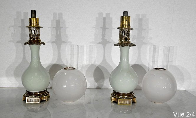 19th Century Napoleon III Oil Table Lamps in Celadon and Bronze, Set of 2-RVK-1419362