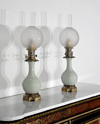 19th Century Napoleon III Oil Table Lamps in Celadon and Bronze, Set of 2-RVK-1419362