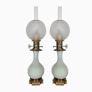 19th Century Napoleon III Oil Table Lamps in Celadon and Bronze, Set of 2-RVK-1419362